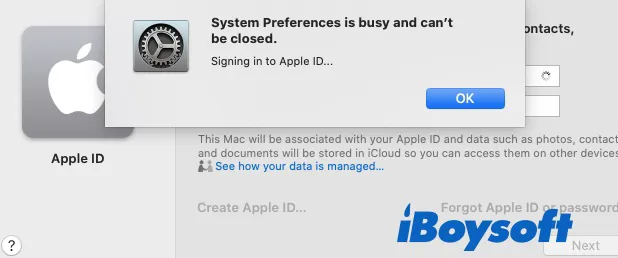 error message saying System Preferences is busy and can