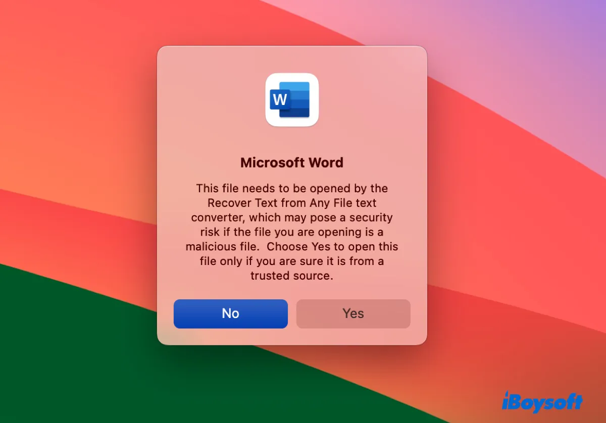 Confirm to open file with Text Recovery converter on Mac