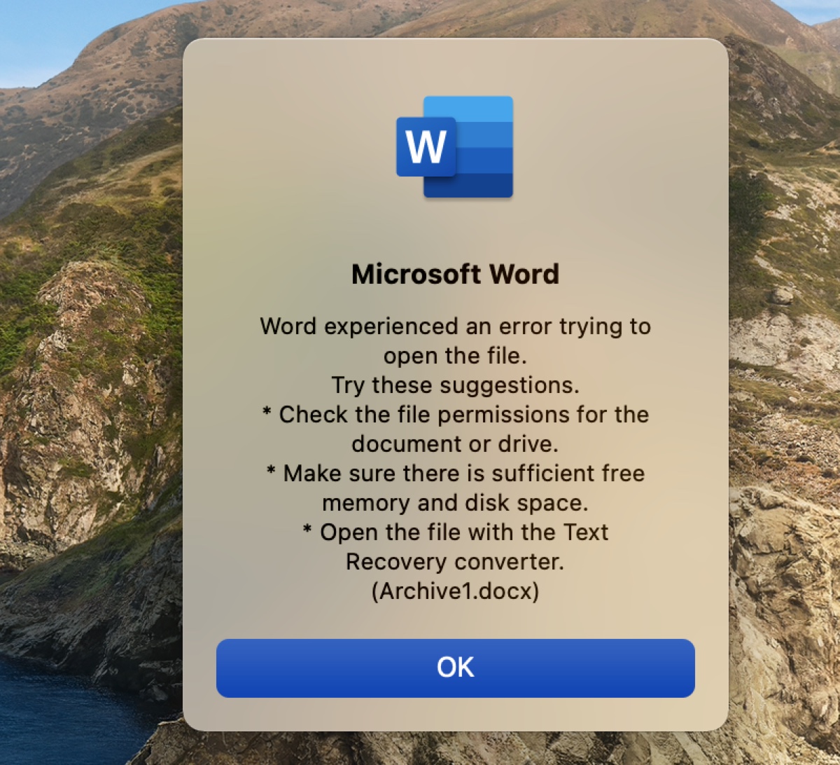 Error opening a Word file on Mac