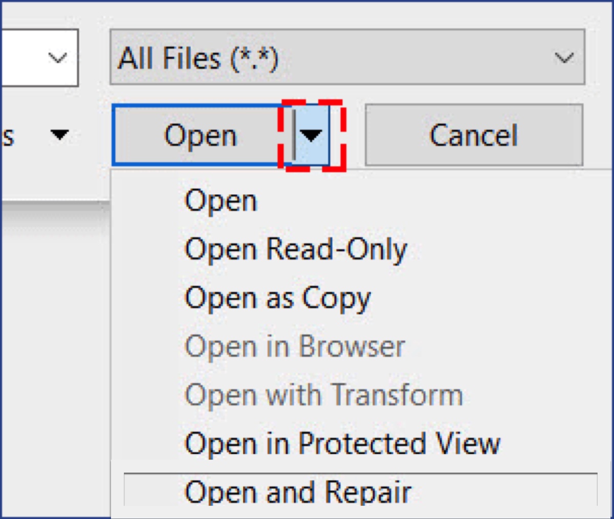 Open and repair unreadable Word file on Windows