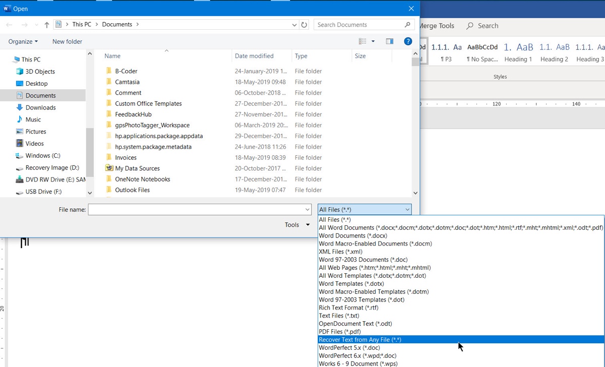 Open file with Text Recovery converter on Windows 10 and other version