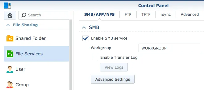 enable SMB service on NAS