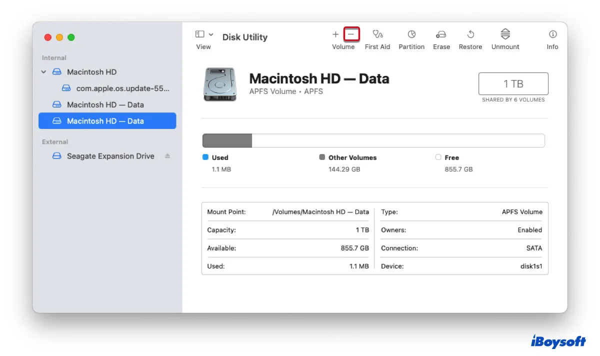 Delete the extra Macintosh HD Data volume