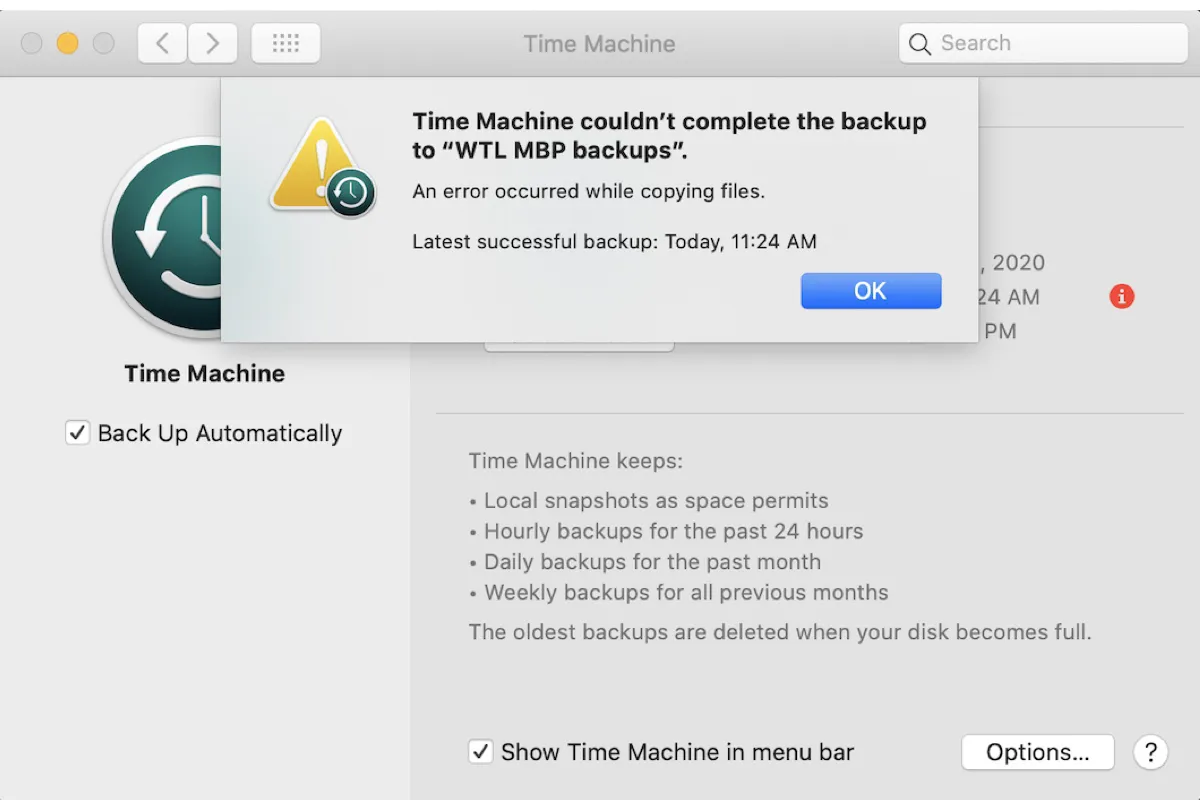 Fehlermeldung - Time Machine konnte das Backup nicht abschließen auf dem Mac