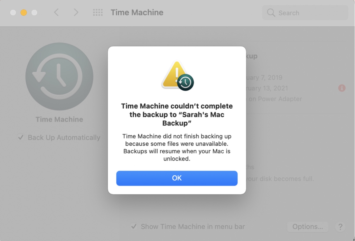 Time Machine no pudo completar la copia de seguridad porque algunos archivos no estaban disponibles