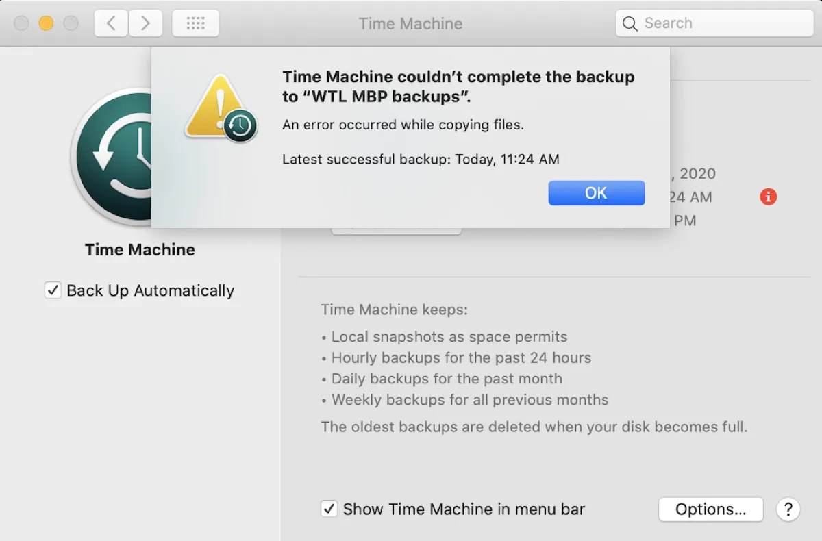 Time Machine no pudo completar la copia de seguridad al copiar archivos