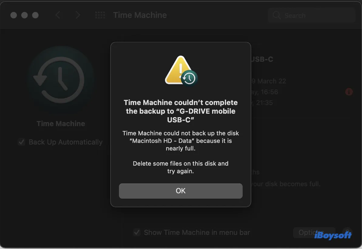 Mensaje de Time Machine que indica que no pudo completar la copia de seguridad porque está casi lleno en Mac