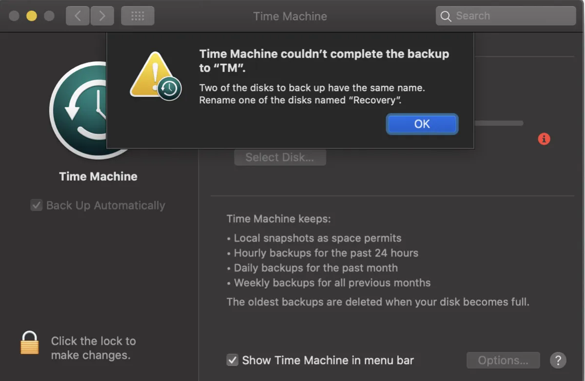 Time Machine no pudo completar la copia de seguridad, dos de los discos a respaldar tienen el mismo nombre