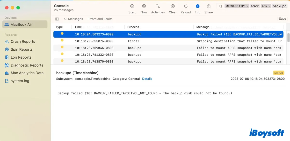 Troubleshoot Time Machine backup failure with logs