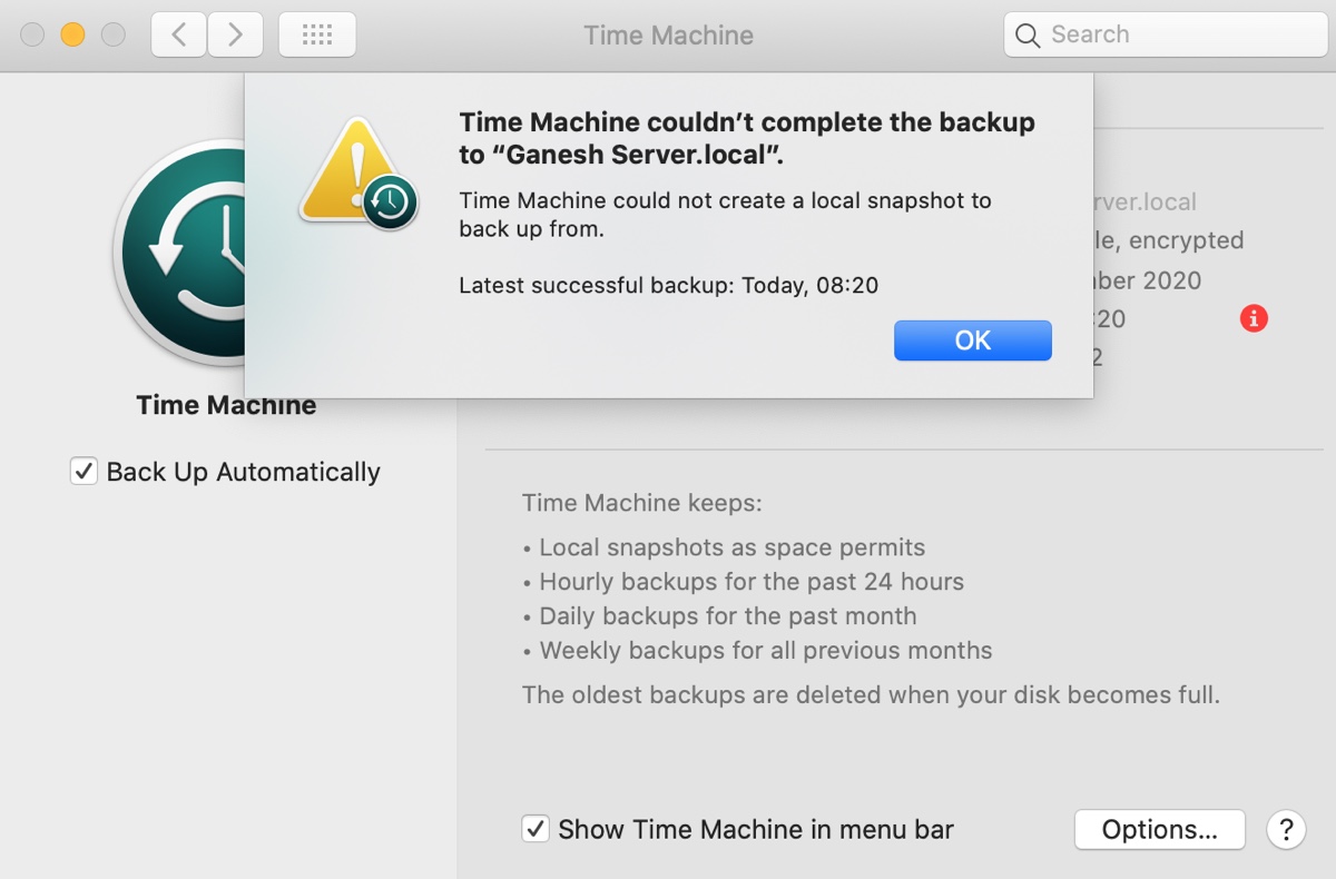 Time Machine could not create a local snapshot error on Mac
