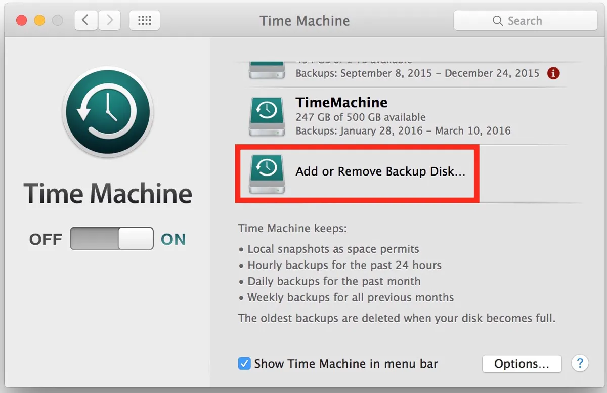 Remove Time Machine backup disk on macOS Monterey or earlier