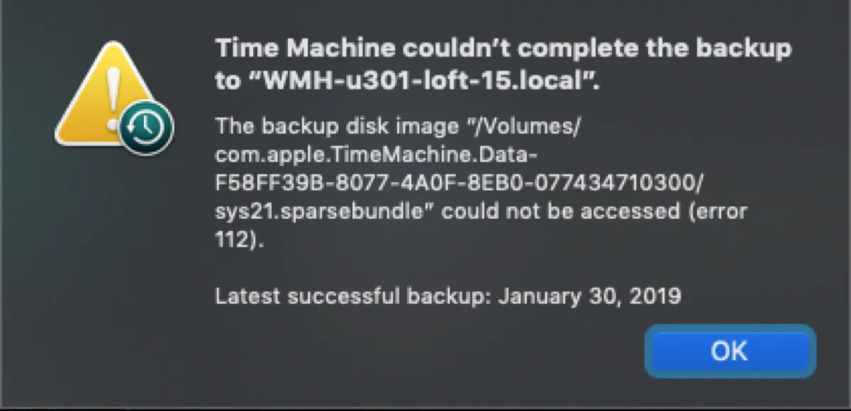 The backup disk image sparsebundle could not be accessed error 112