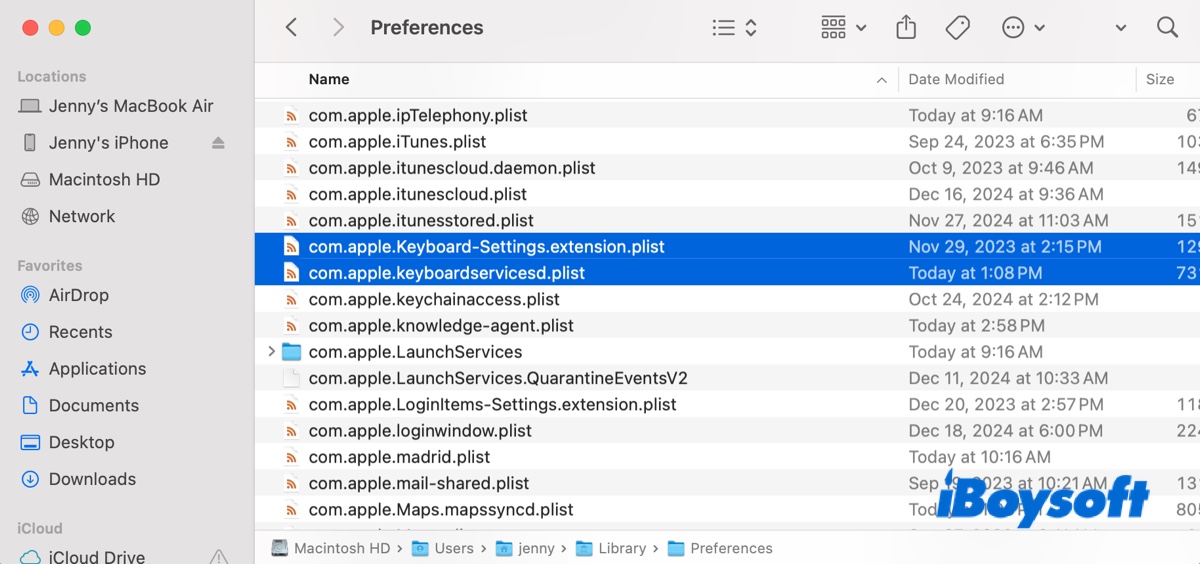 How to delete keyboarf plist files on Mac