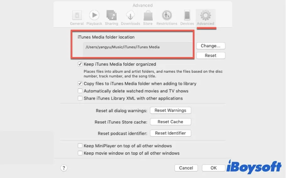 Check the location of the iTunes media folder on Mac