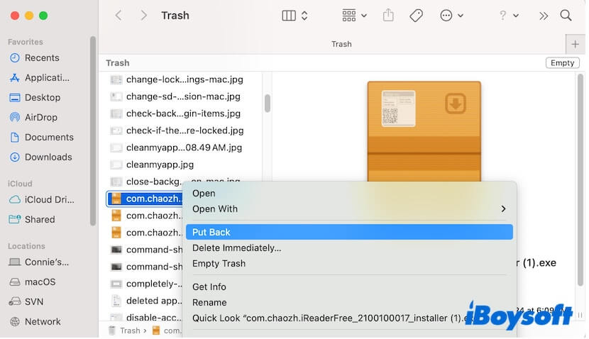 restaurar archivos desde la Papelera en Mac