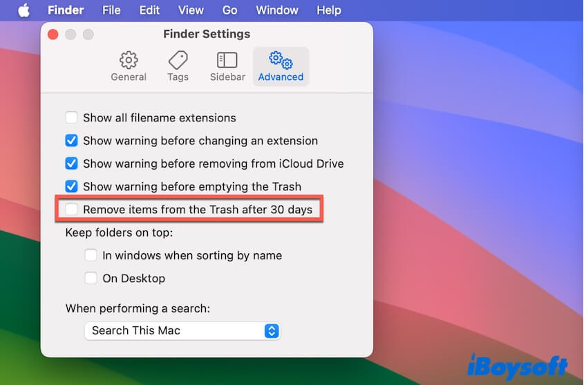 desmarcar eliminar elementos después de 30 días en la configuración de Finder