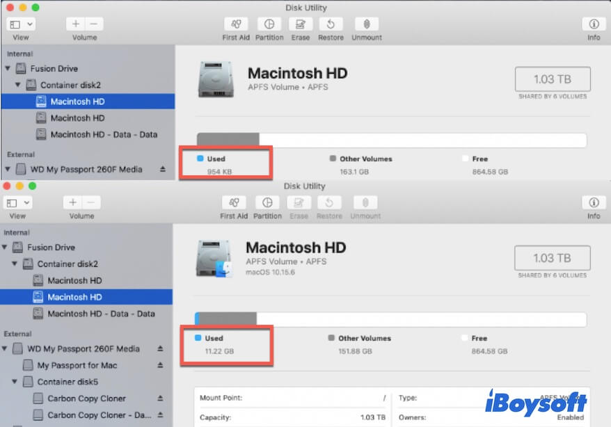 compare the used space of two Macintosh HD 