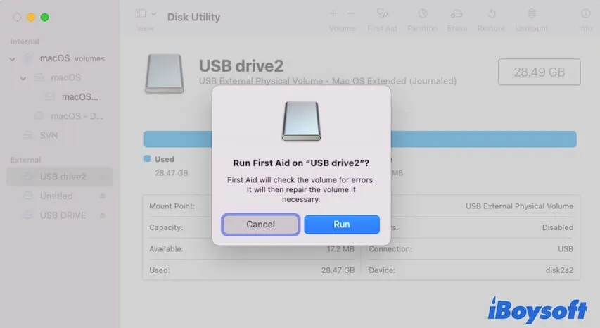 ejecutar Disk Utility First Aid para verificar el disco duro externo