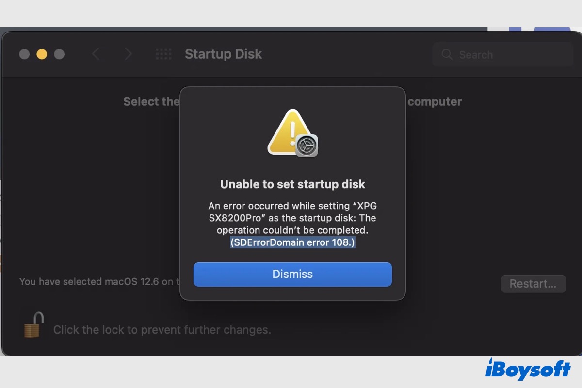 unable to set startup disk