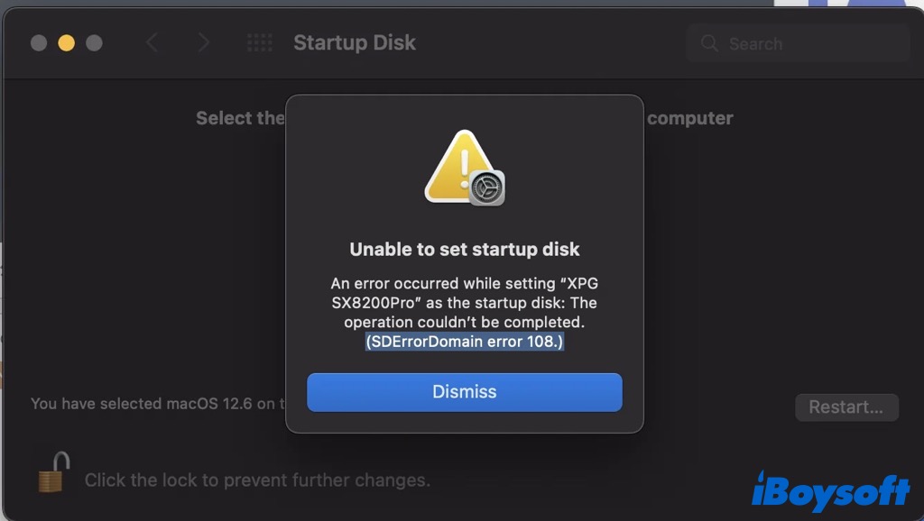 unable to set startup disk