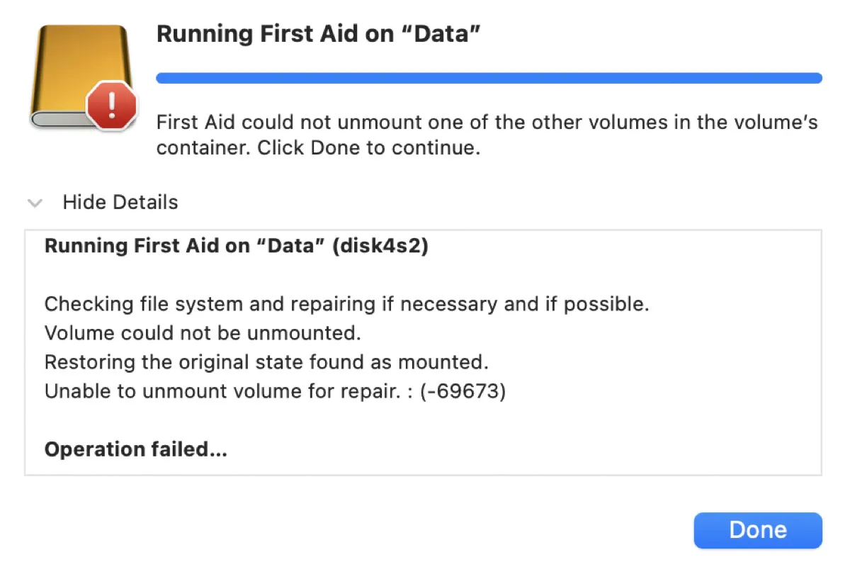 Solved] 'Unable to unmount volume for repair 69673' on Mac