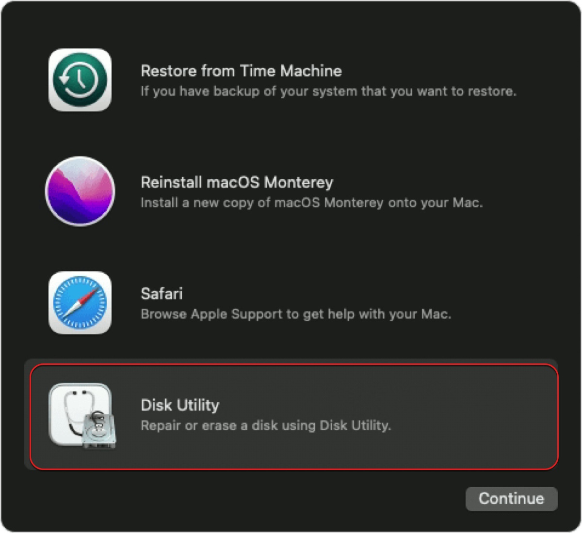 Open Disk Utility in Recovery Mode