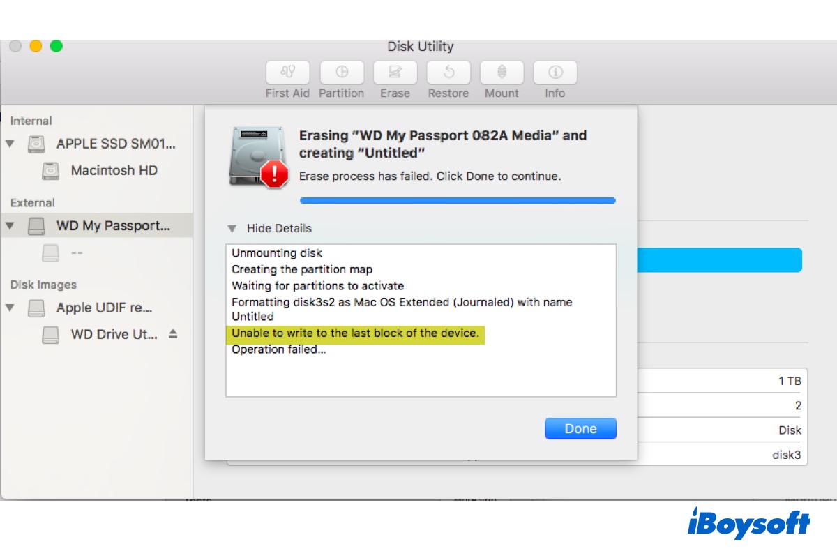 Cómo solucionar el error 'No se puede escribir en el último bloque del dispositivo' en Mac
