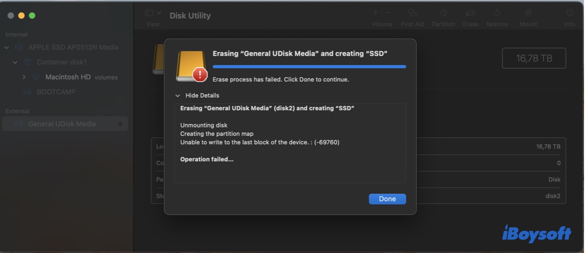 La utilidad de disco muestra el error Unable to write to the last block of the device 69760