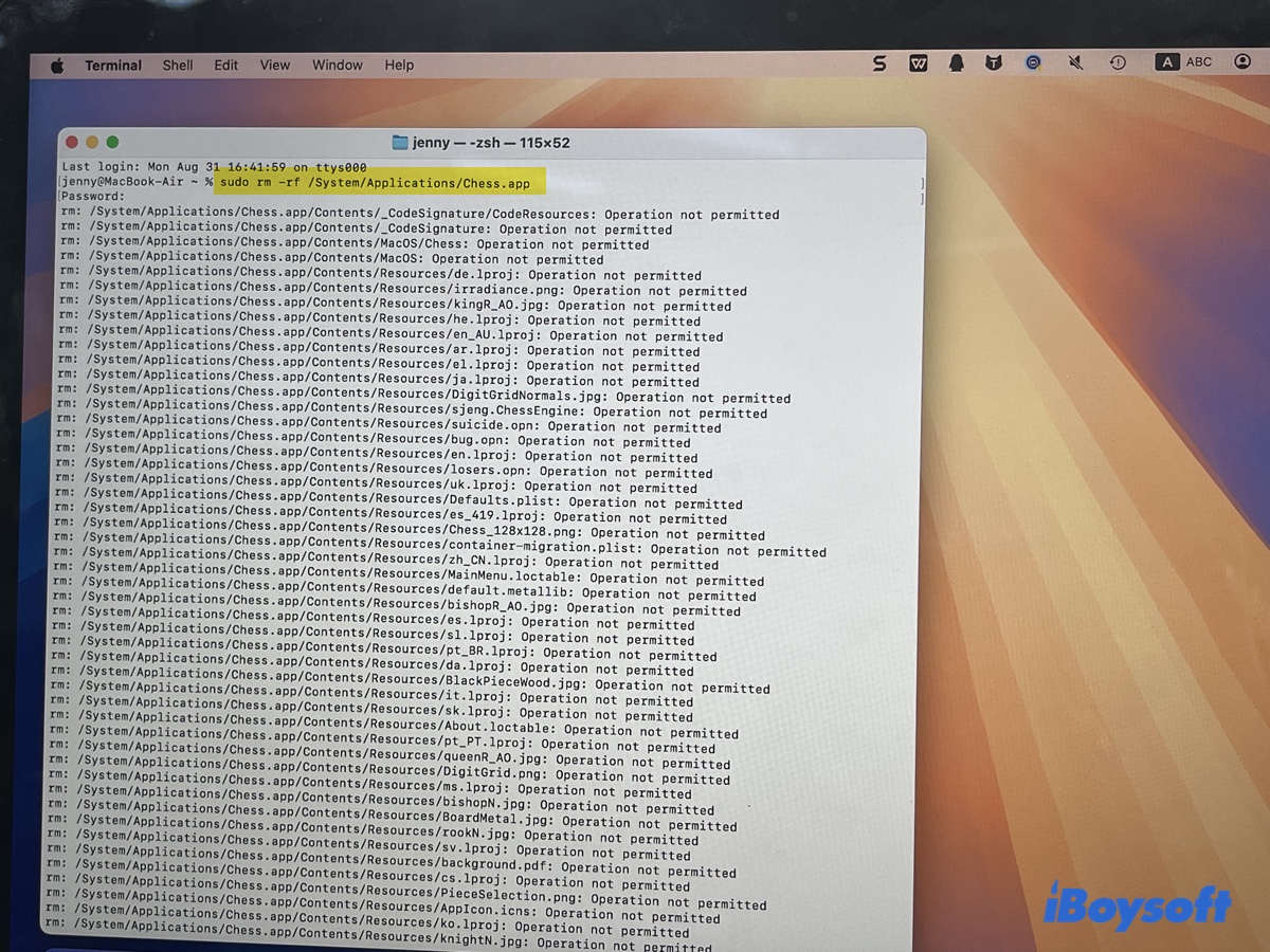 Die Deinstallation von Chess im Terminal schlägt mit einem Berechtigungsfehler fehl