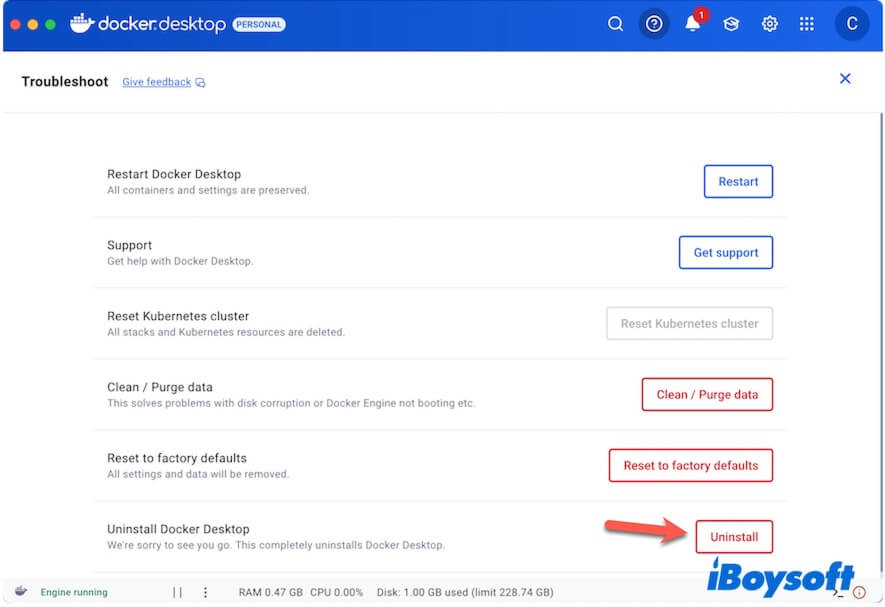 cliquez sur le bouton de désinstallation