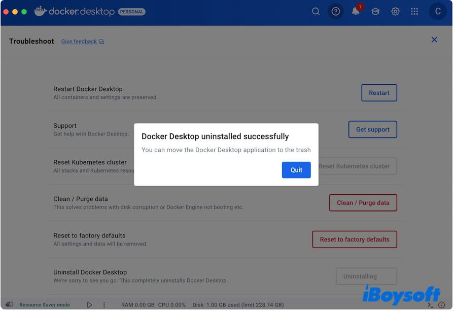 attendez que Docker soit désinstallé
