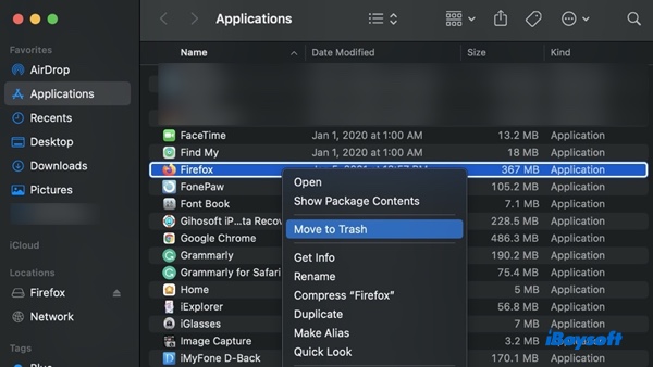 uninstall Firefox on Mac by moving it to Trash