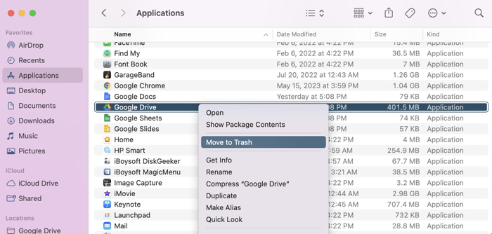 Delete Google Drive app on Mac