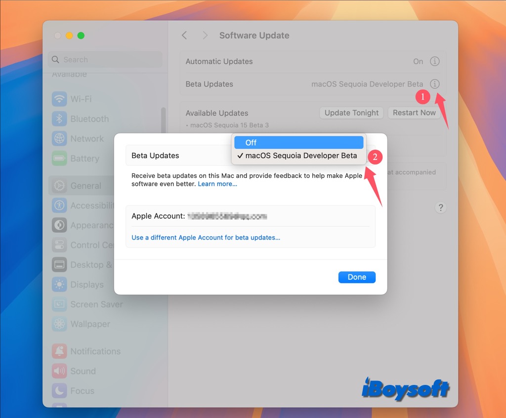 desativar atualizações beta do MacOS