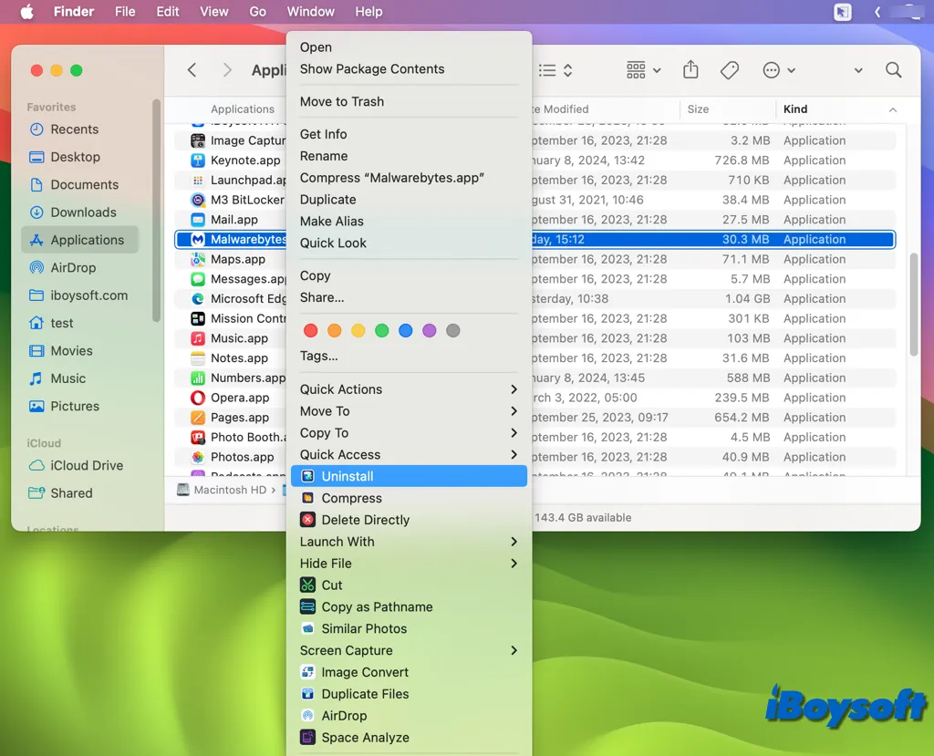 désinstaller Malwarebytes sur Mac avec iBoysoft MagicMenu