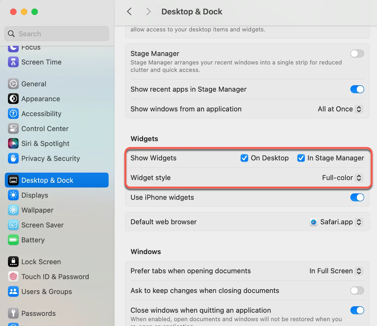Alterar configurações de widgets macOS Sonoma