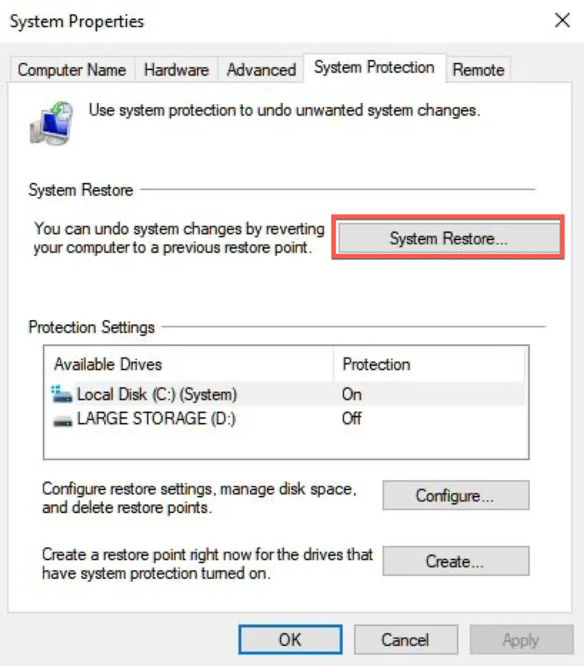 Restore from a System Restore point