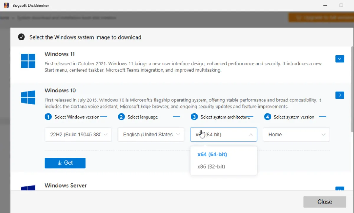 Escolha para baixar o Windows 10 64-bit ou 32-bit