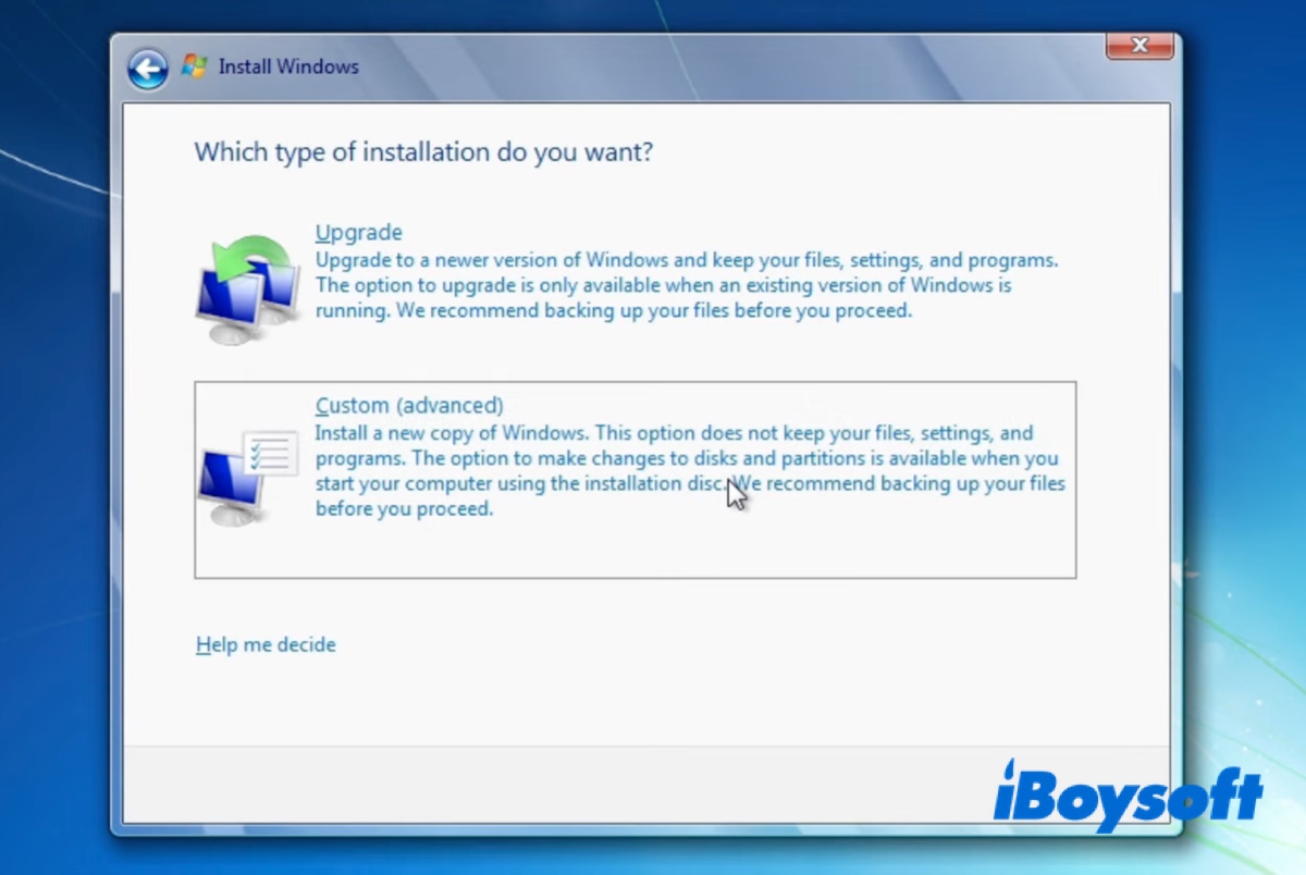 Choose to upgrade or clean install Windows 7