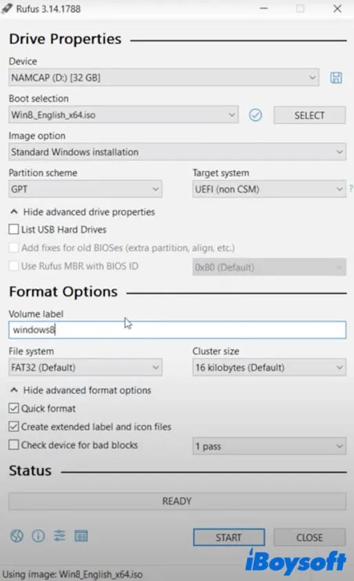 use Rufus to create a Windows 8 bootable USB