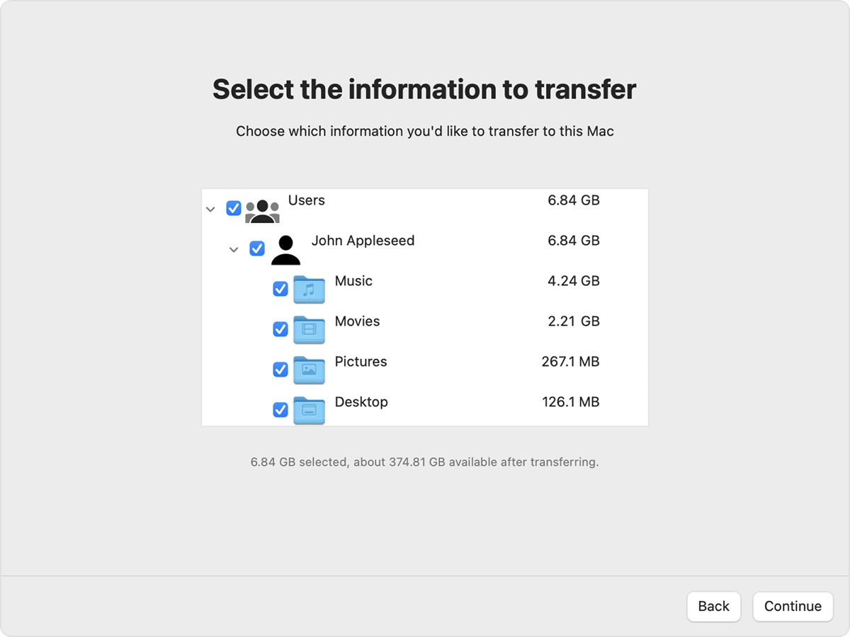 Choose information to transfer from Windows to Mac