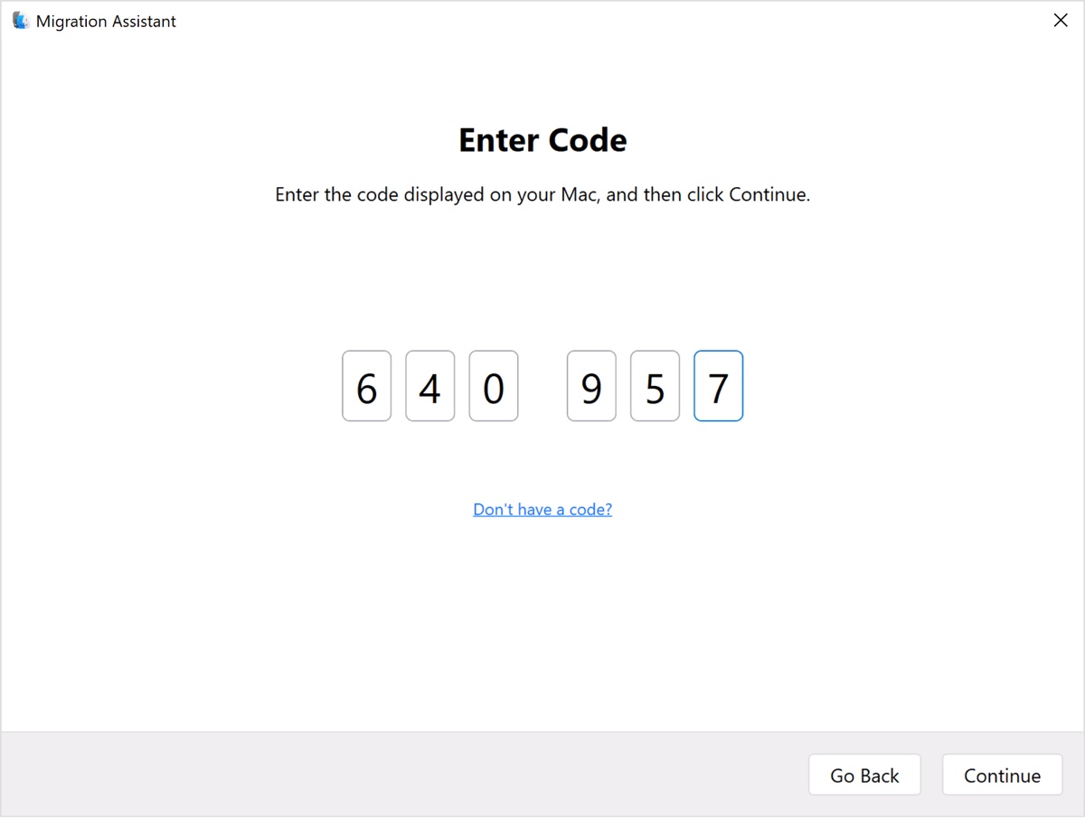 Enter the code displayed on the Mac on your PC