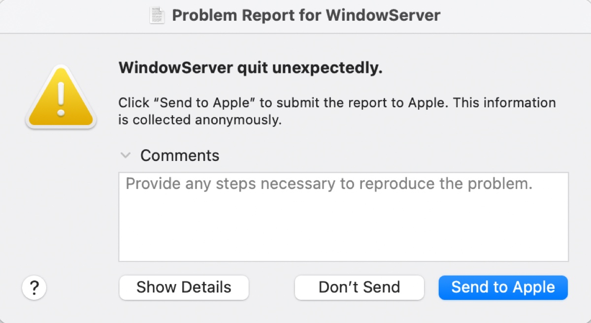 The WindowServer quit unexpectedly problem report on Mac