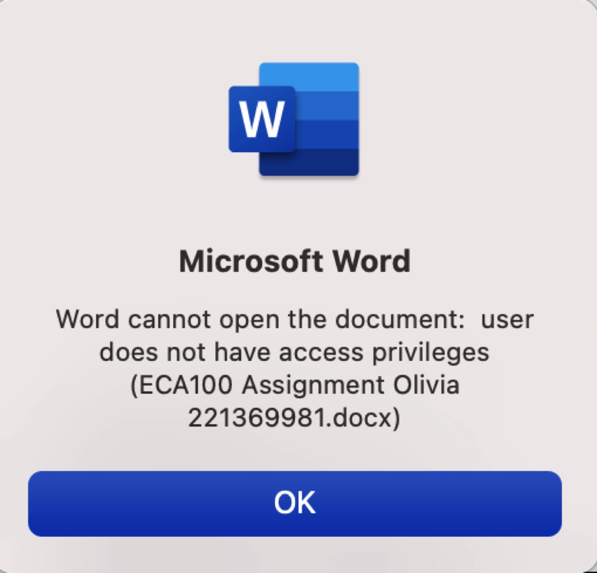 Erreur Le mot ne peut pas ouvrir le document l'utilisateur n'a pas les privilèges d'accès sur Mac