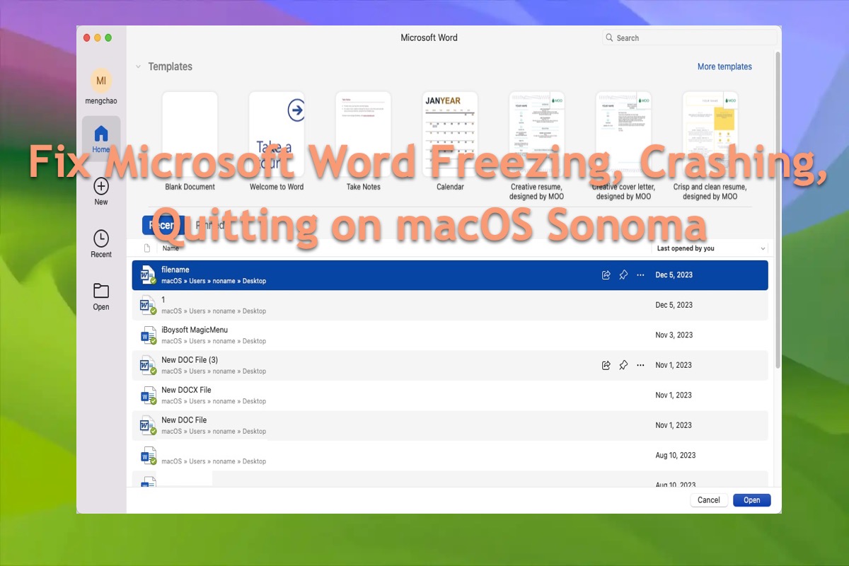 Microsoft Word travando, fechando, congelando no macOS Sonoma