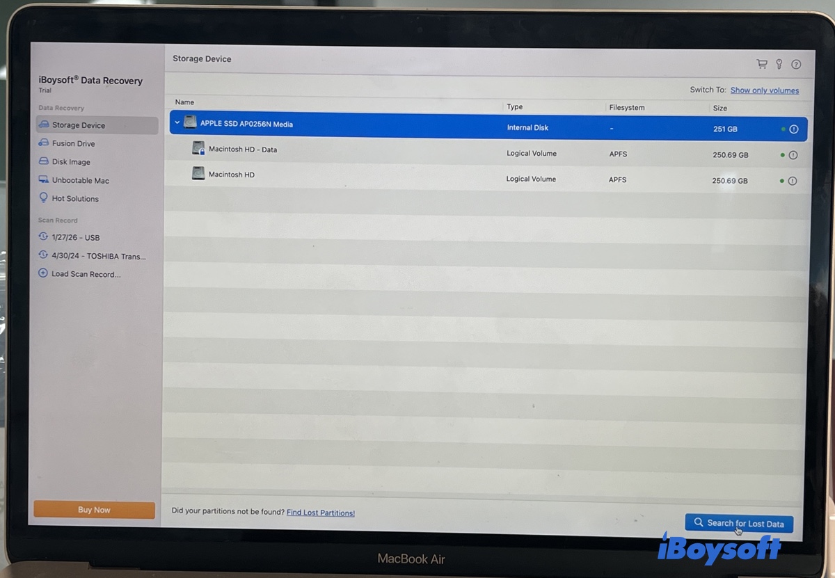 失われたデータをスキャンするAPFSディスク