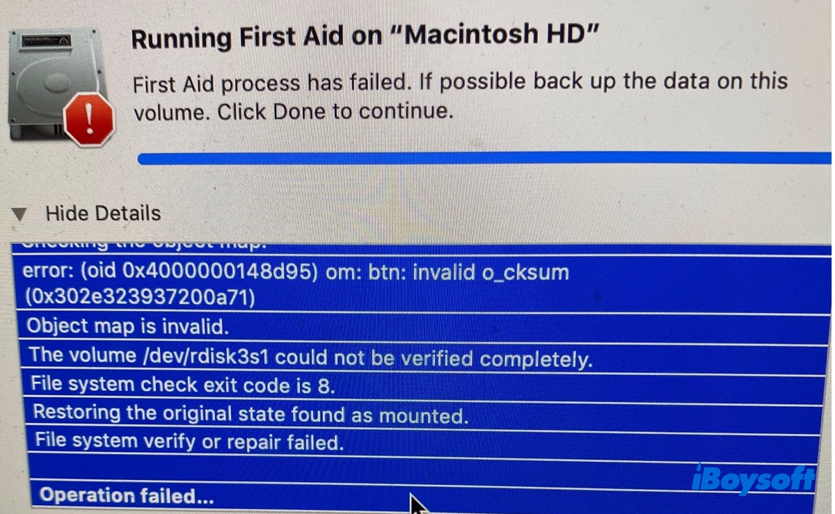 Utilidad de Disco First Aid falla en un volumen APFS con el mensaje de que el mapa de objetos no es válido