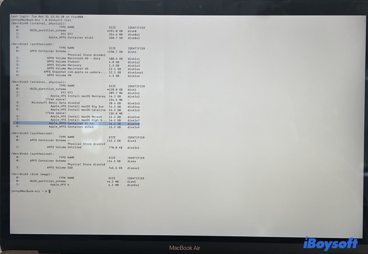 Terminal mostrando toda la información del disco