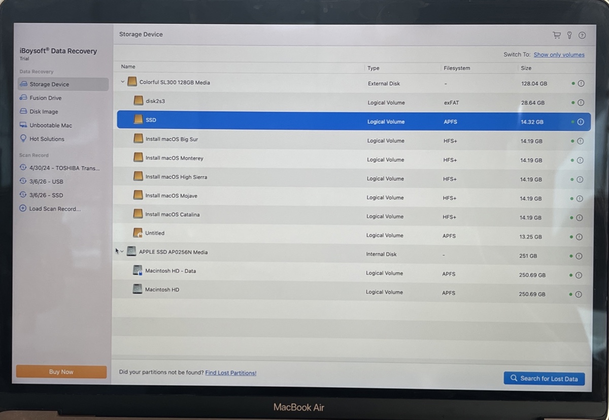 El volumen APFS está seleccionado para iniciar un escaneo de datos perdidos