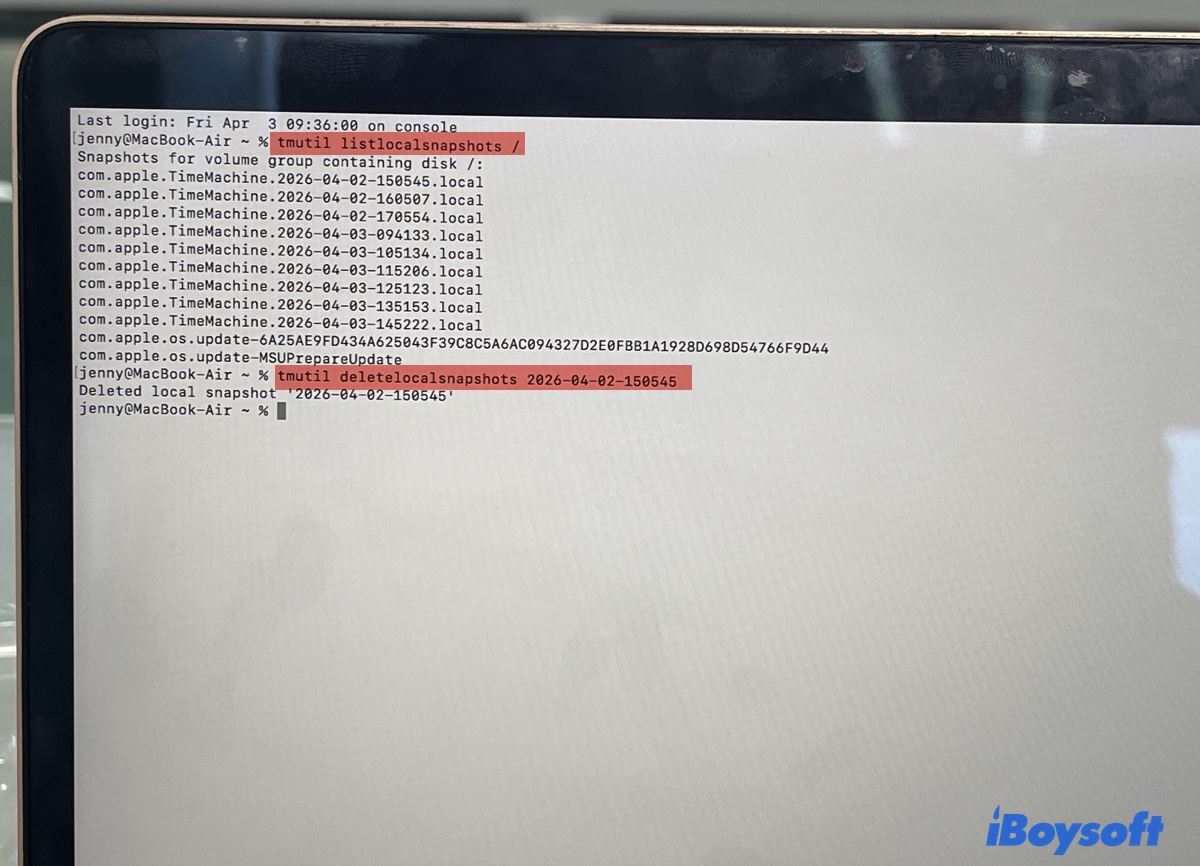 Löschen des Time Machine lokalen Snapshots